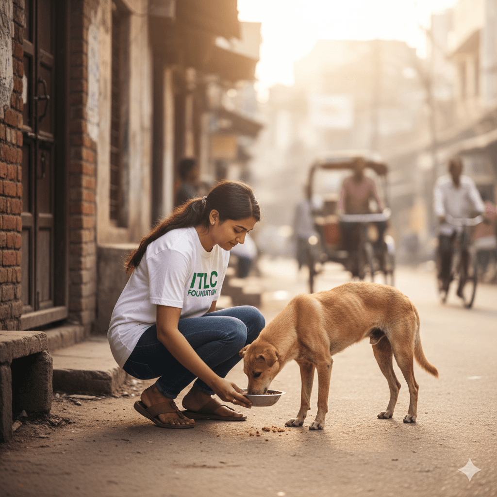 A volunteer feeding a stray dog.